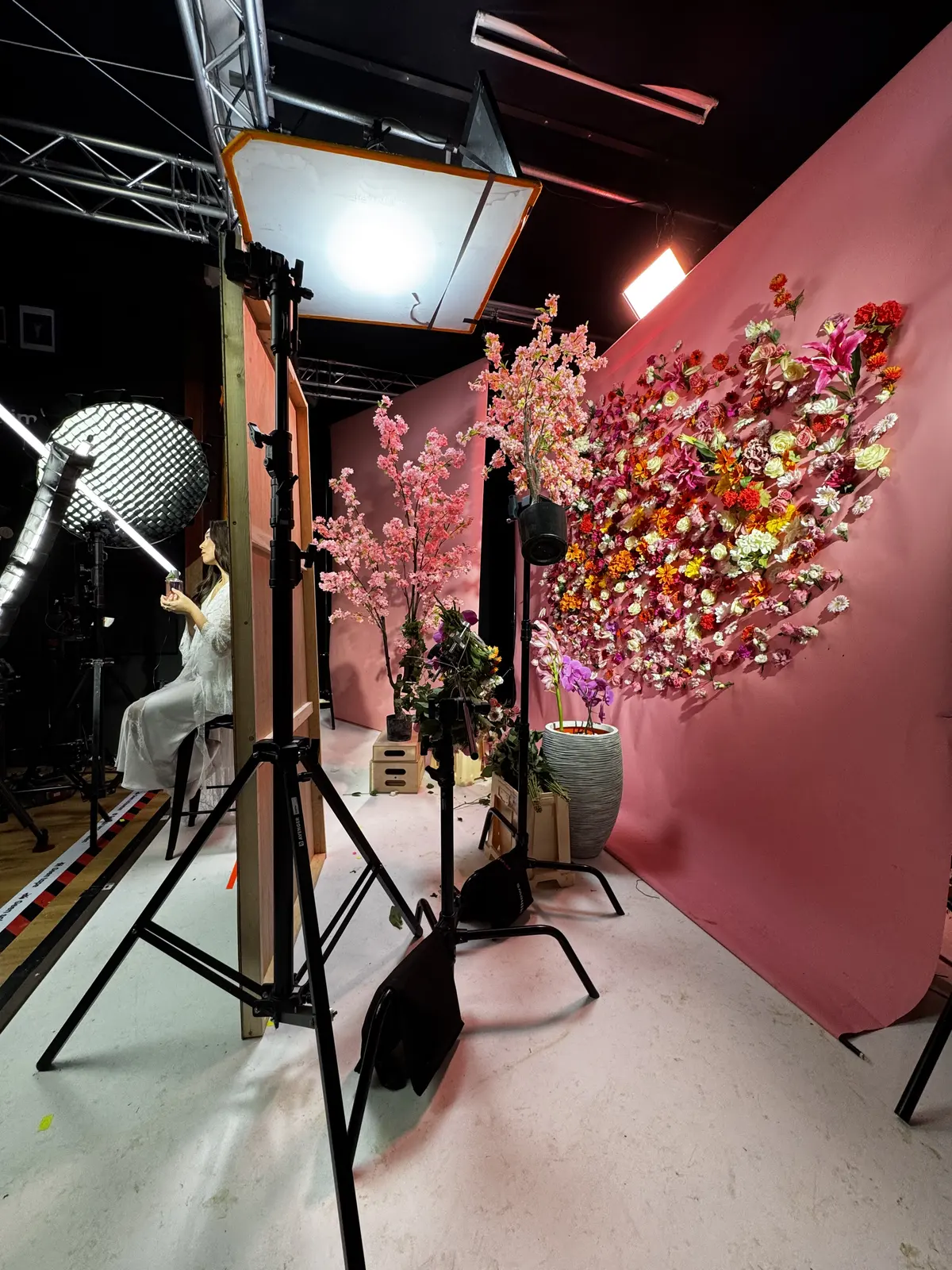 Bloemenwand en roze set met lampen en camera