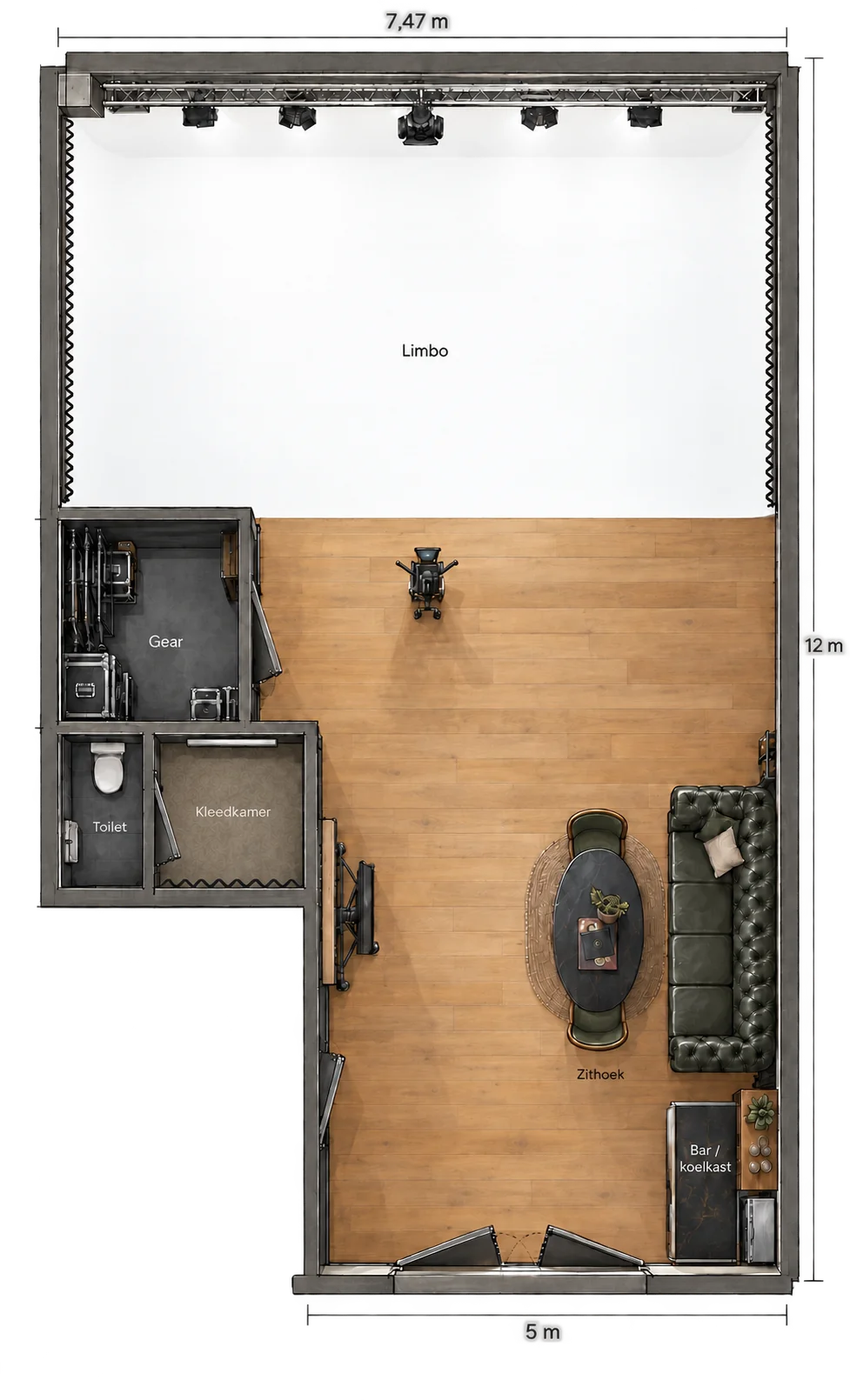 Plattegrond van Studio Big Time: limbo, gear-ruimte, toilet, kleedkamer, zithoek en bar met koelkast. 7,47 bij 12 meter.